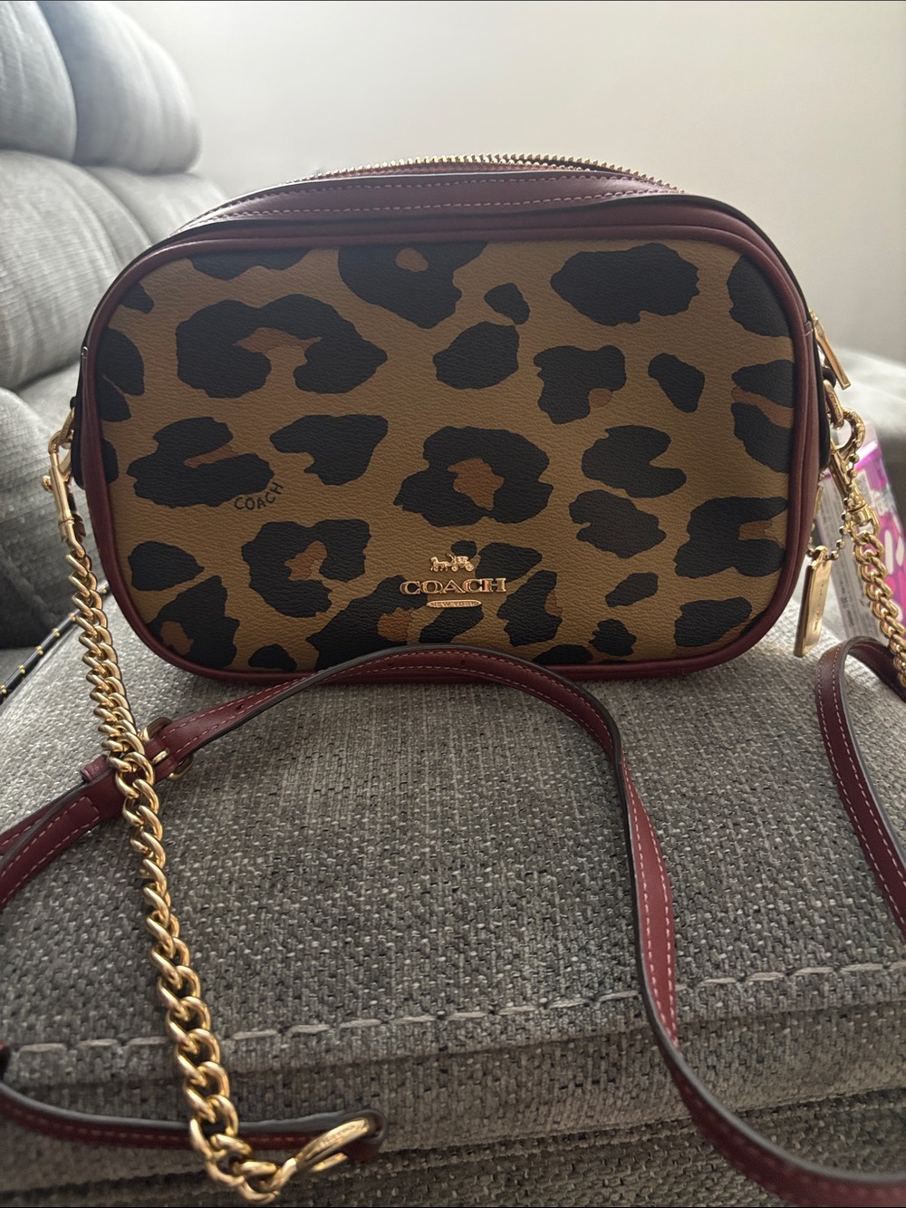 Coach Leopard Print Camera Crossbody in Brown and Burgundy